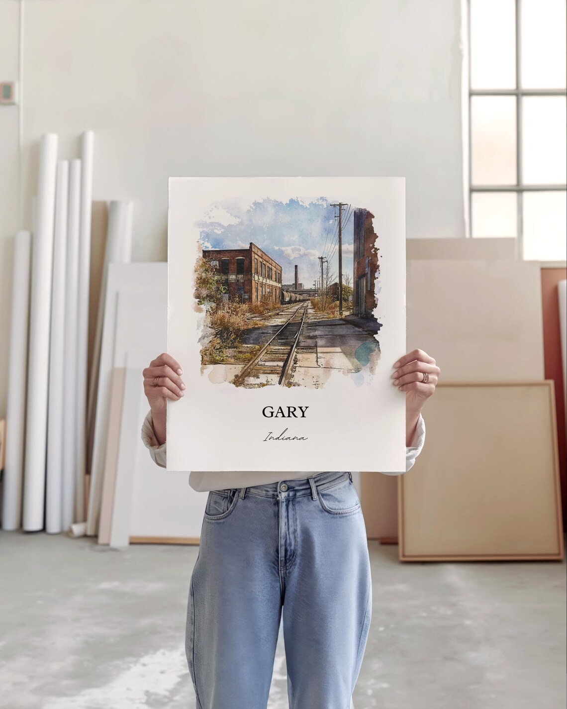 Gary Indiana Watercolor Railroad Tracks Industrial Scene Poster - Image 3