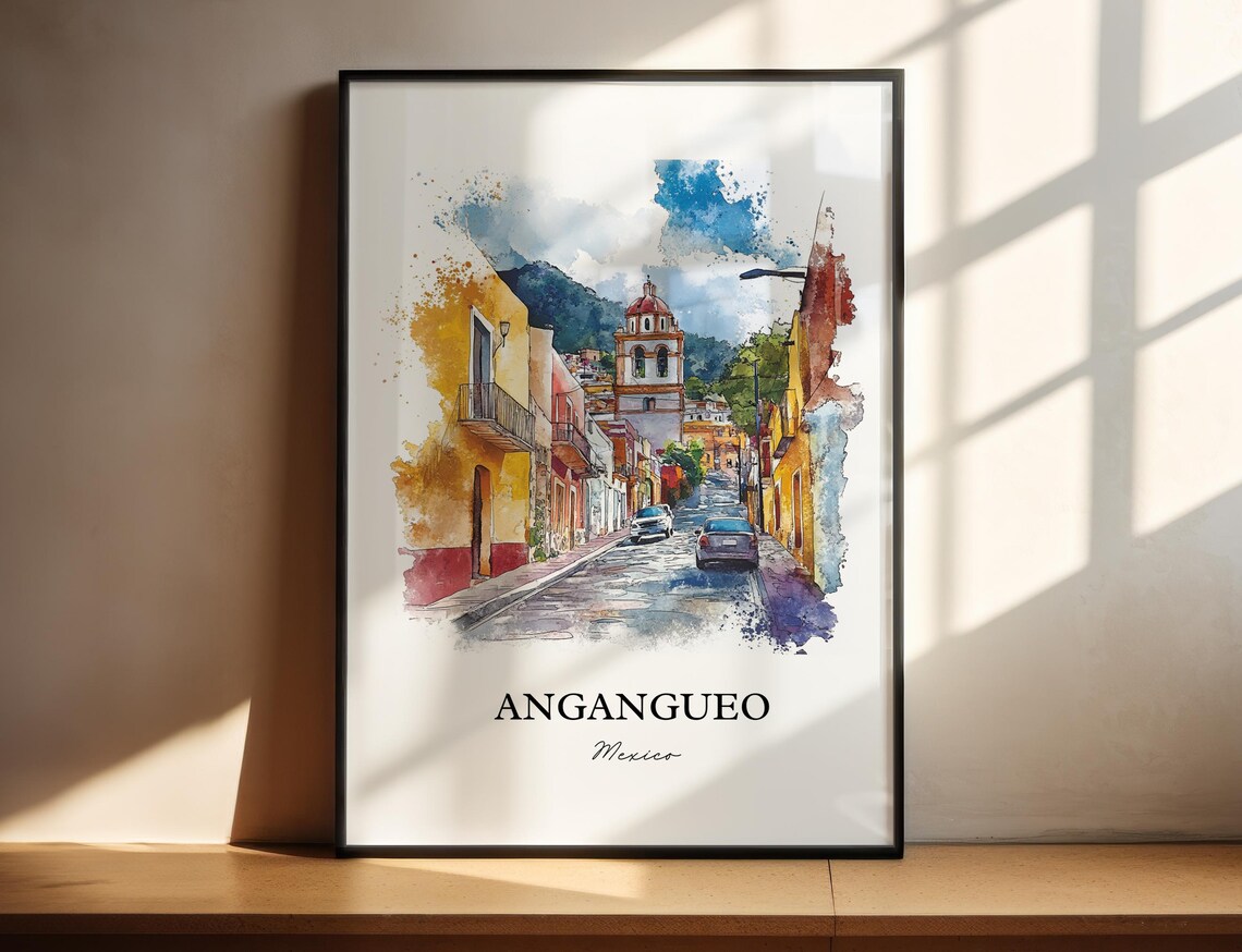 Angangueo Mexico Colorful Colonial Street Church Watercolor Poster