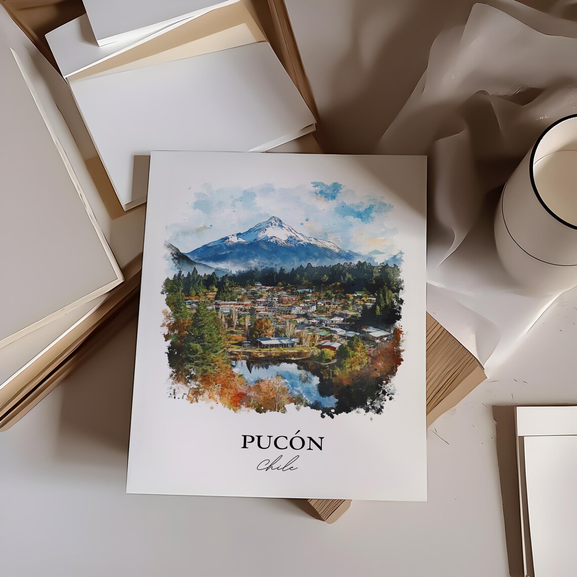 Pucon Chile Watercolor Snow Capped Volcano Lake Town Travel Poster - Image 2