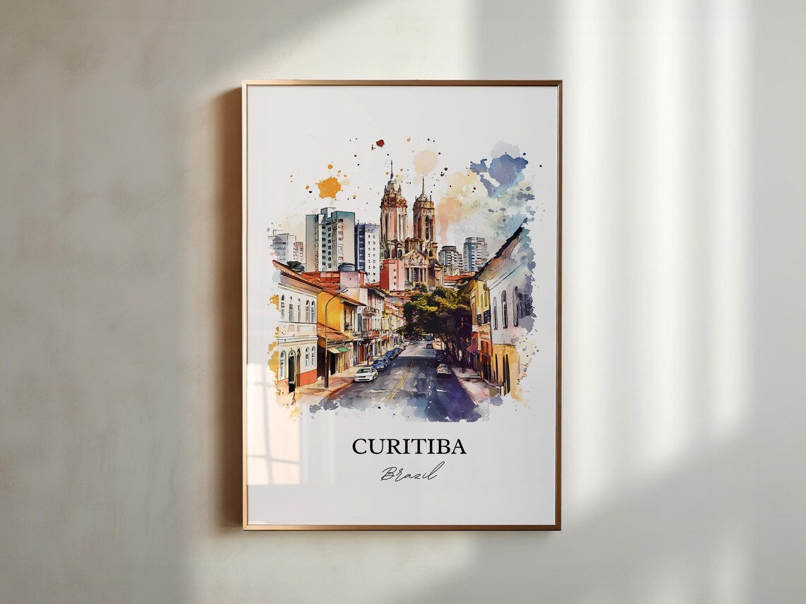 Curitiba Brazil Watercolor Twin Spire Cathedral Street Poster - Image 4