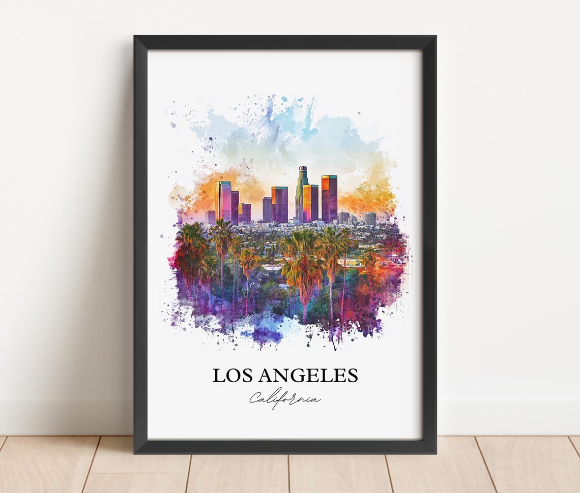 Los Angeles California Downtown Skyline Palms Watercolor Art Poster - Image 3