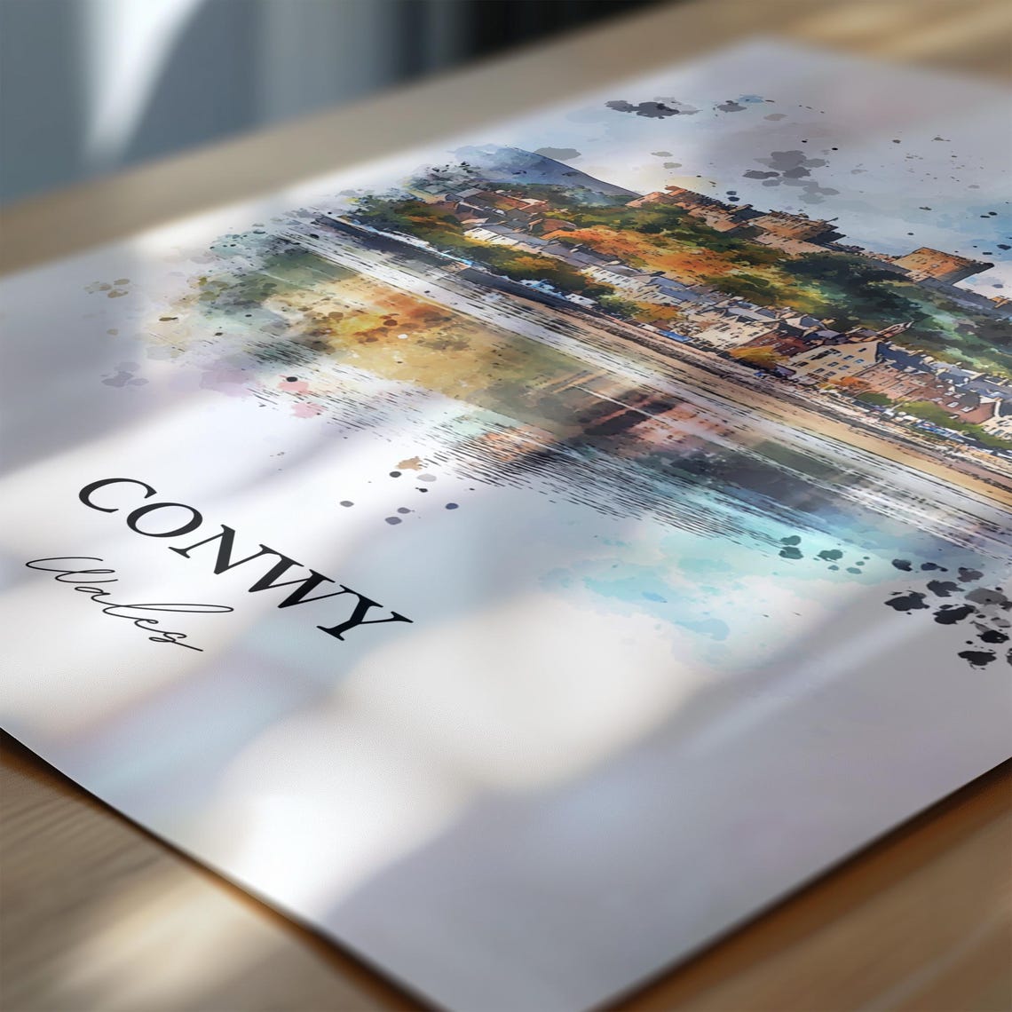 Conwy Wales Watercolor Castle Hilltop Town Harbor Reflection Poster - Image 6