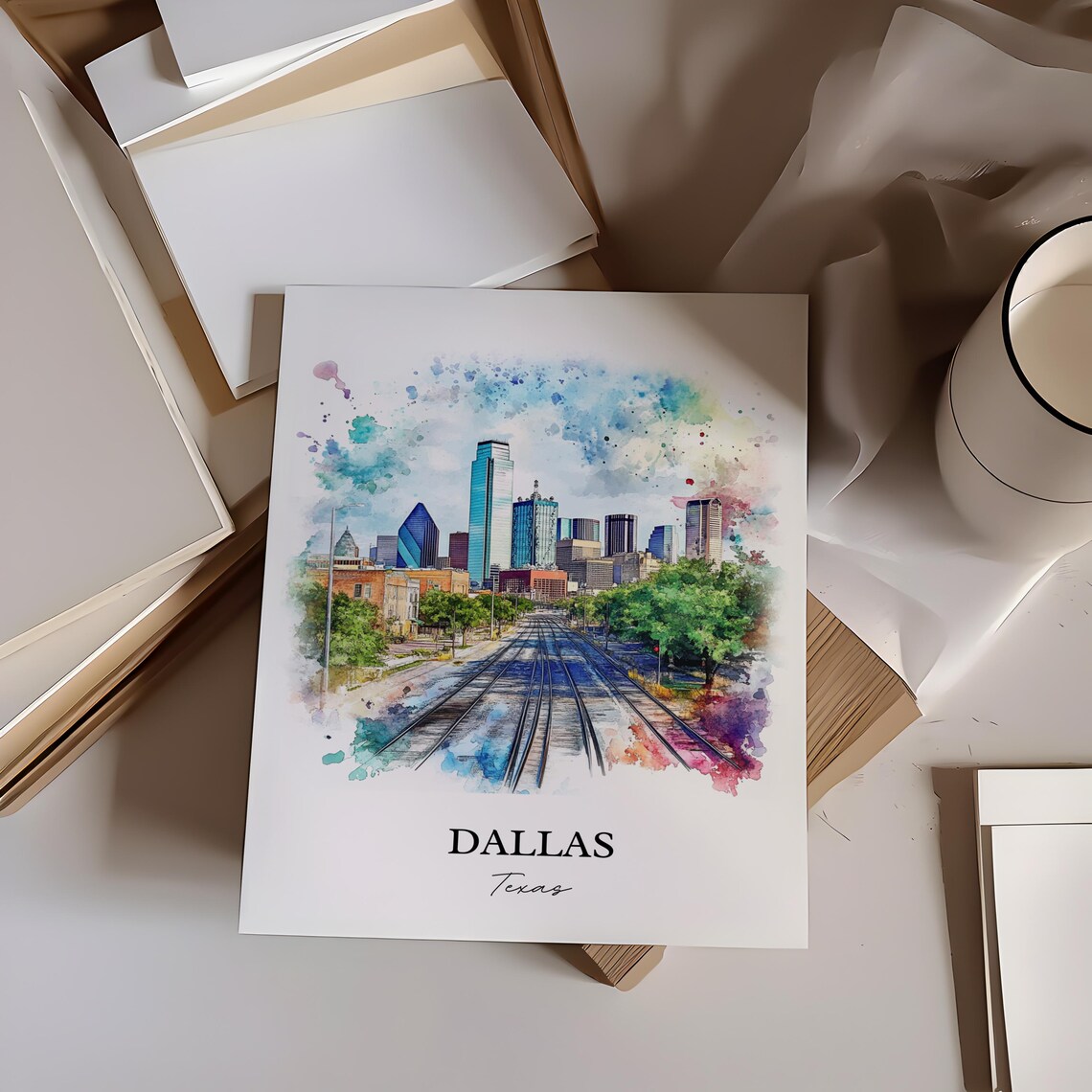 Dallas Texas Skyline Railroad Tracks Watercolor City Art Poster - Image 2