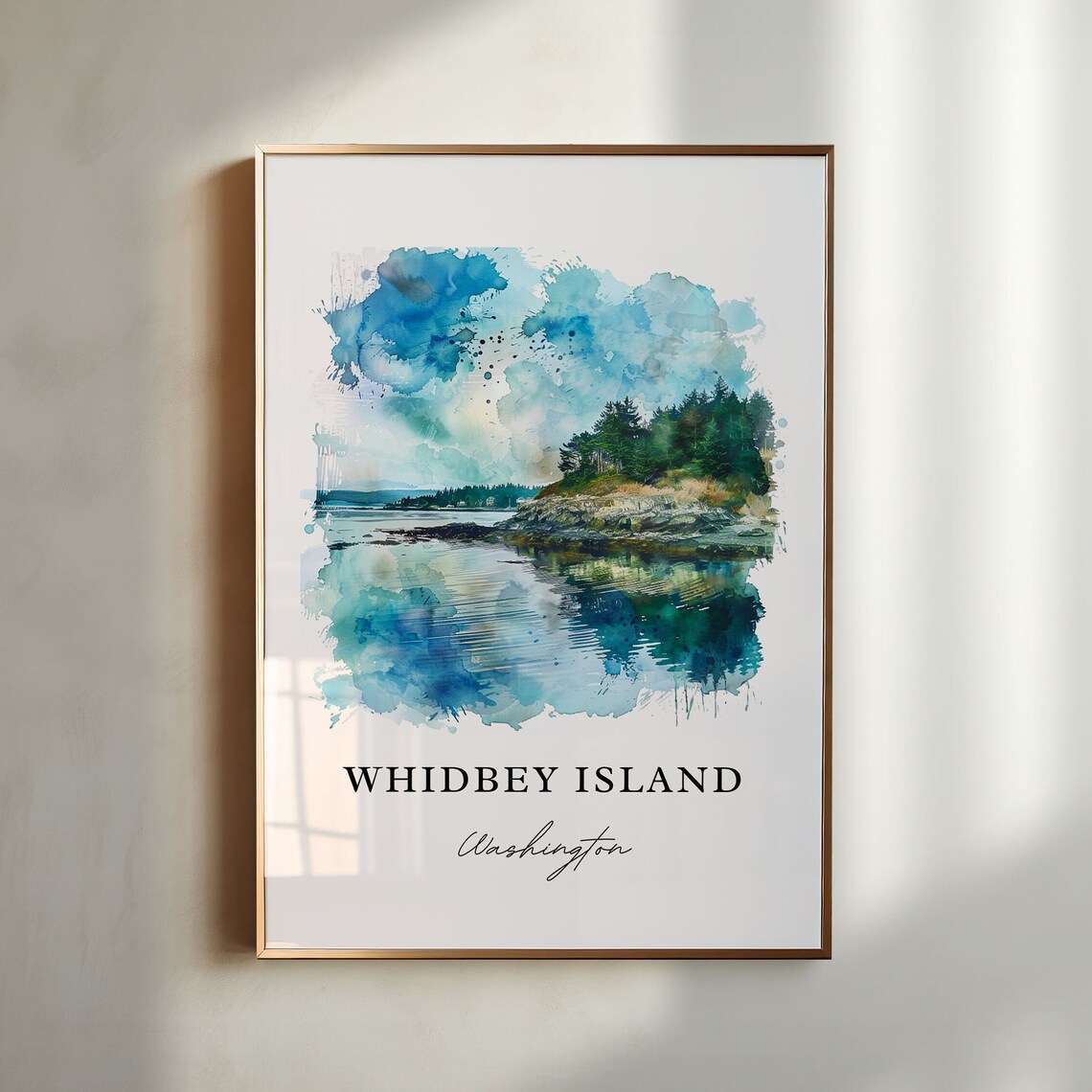 Whidbey Island Watercolor Travel Poster, Puget Sound
