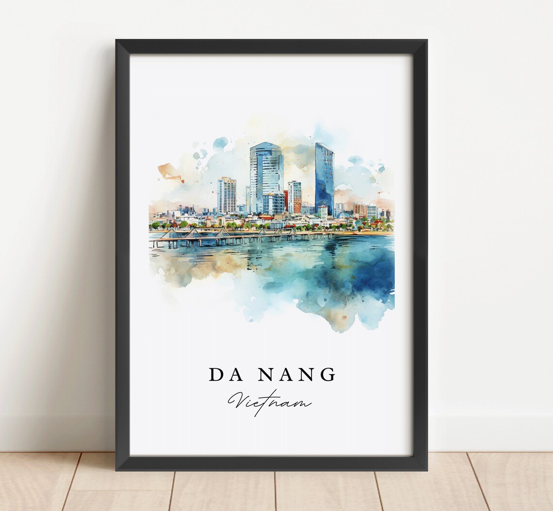 Da Nang Vietnam Watercolor Riverside Cityscape Travel Poster