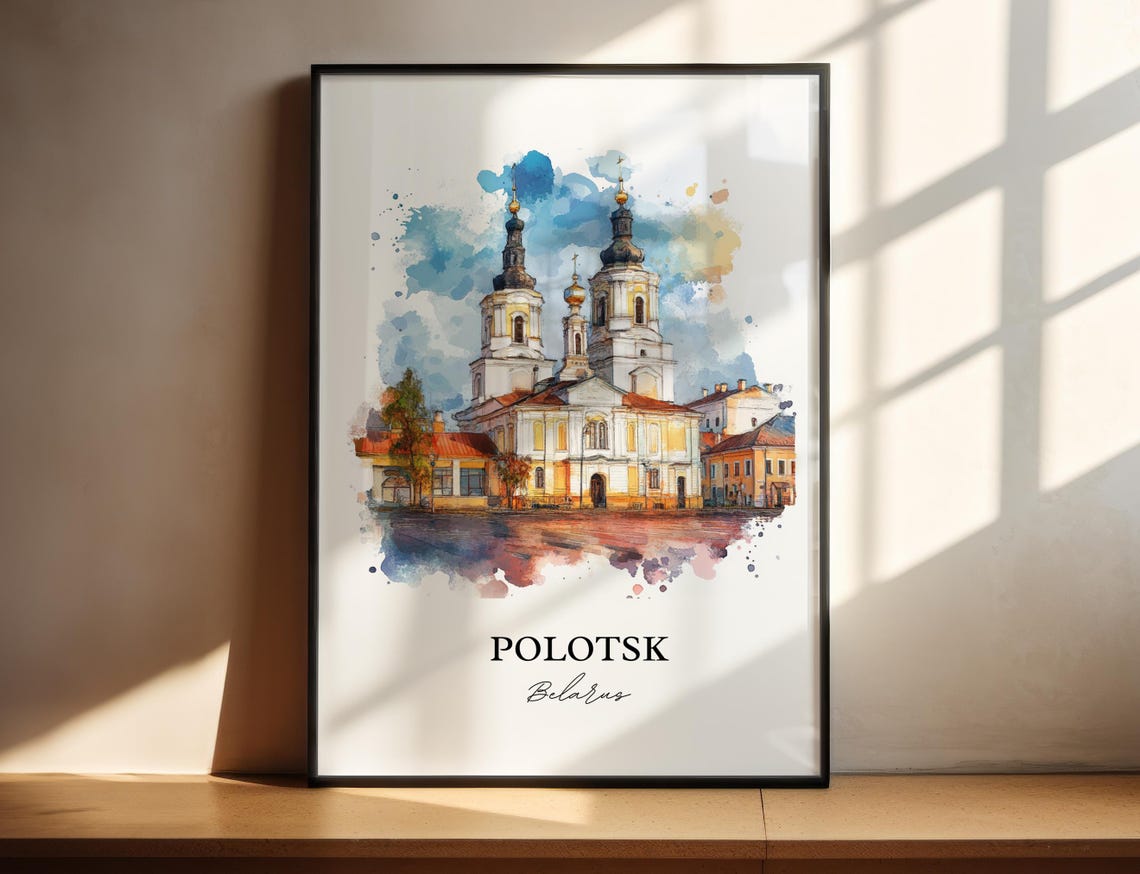 Polotsk Belarus Twin Tower Church Square Scene Watercolor Poster