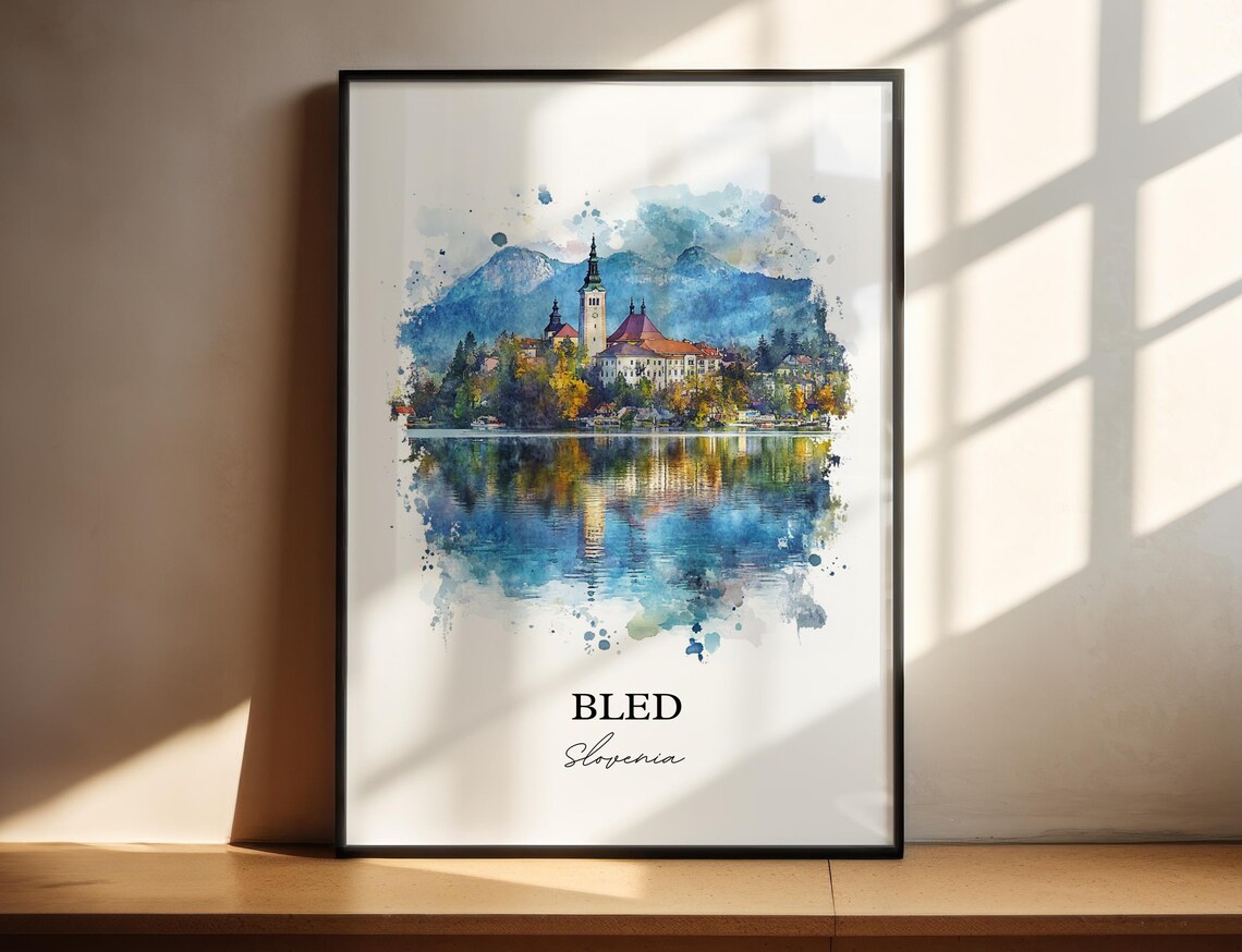 Lake Bled Slovenia Island Church Watercolor Scenic Travel Poster
