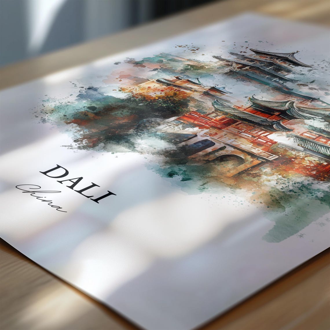 Dali China Watercolor Temple Pagoda Autumn Colors Art Poster - Image 7