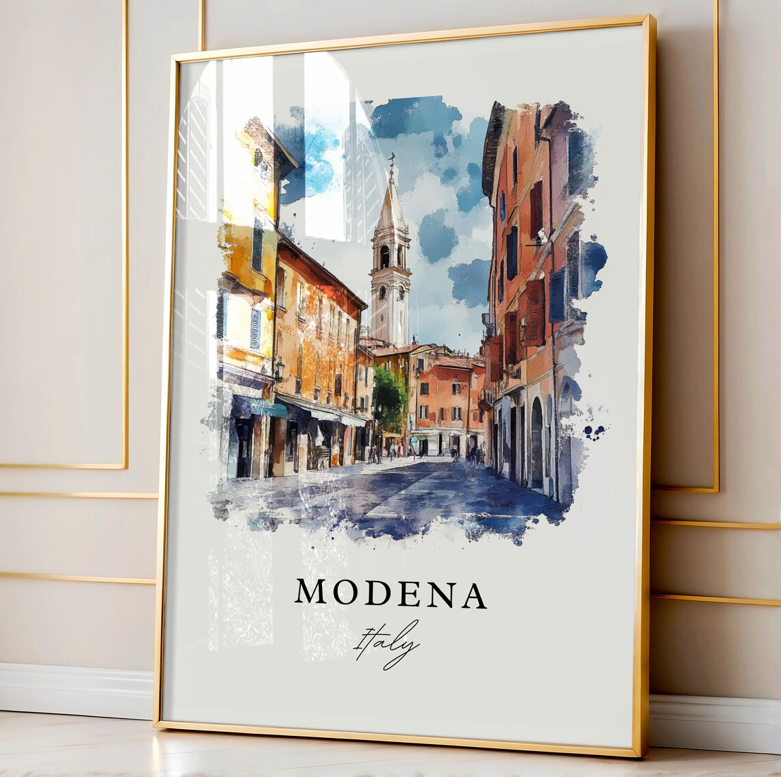Modena Italy Historic Old Street Bell Watercolor Travel Poster - Image 4