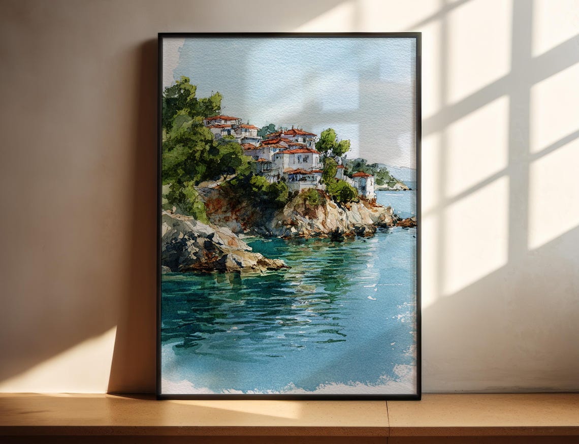 Whitewashed Island Village Red Roofs Turquoise Bay Watercolor Poster