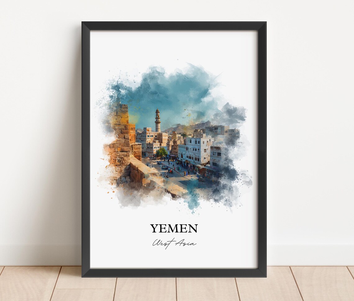 Yemen West Asia Watercolor Art Old City Tower Houses Minaret Poster - Image 2