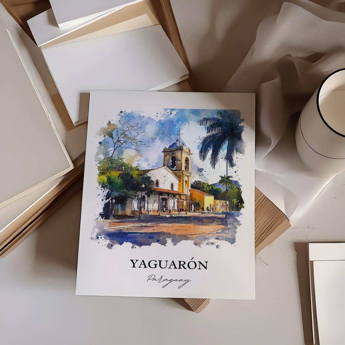 Yaguarón Paraguay Watercolor Colonial Church Town Scene Poster - Image 4