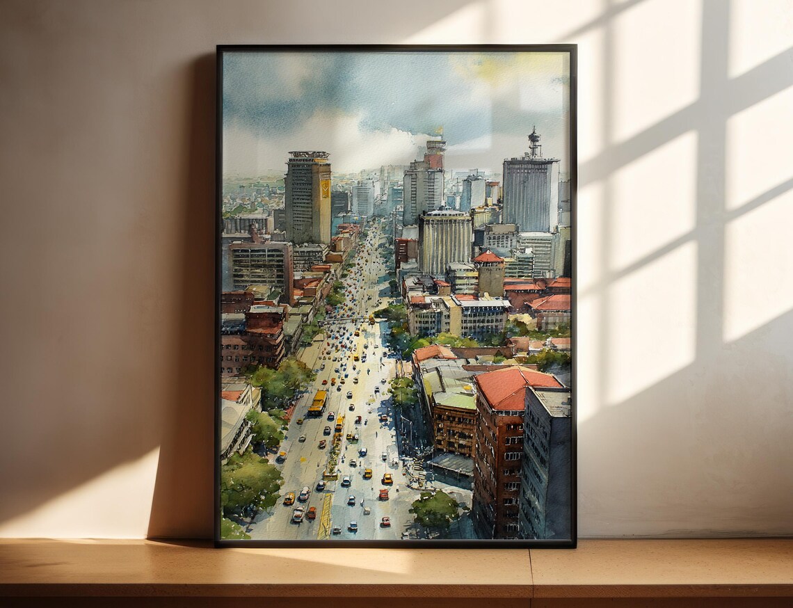 Aerial City Avenue Watercolor Busy Downtown Traffic Street Poster