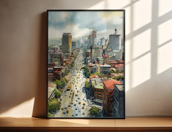 Aerial City Avenue Watercolor Busy Downtown Traffic Street Poster