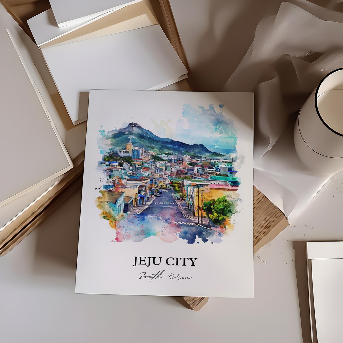 Jeju City South Korea Mountain City Watercolor Travel Poster - Image 2