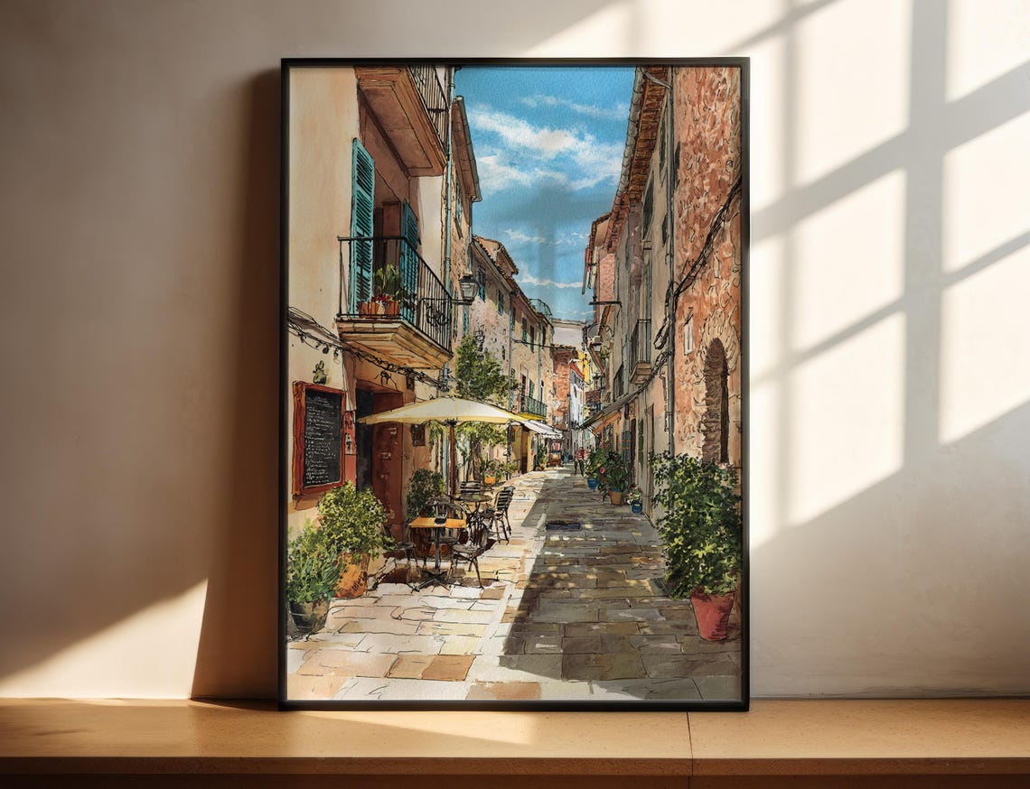 Mallorca Spain Old Town Alley Watercolor Travel Poster Cafe Tables