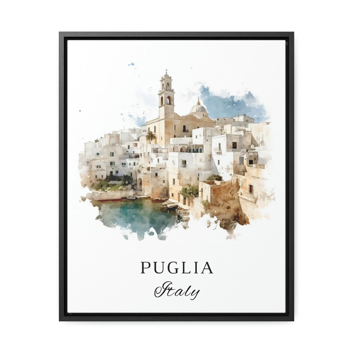 Puglia Italy Whitewashed Hilltop Old Town Coast Watercolor Poster - Image 2