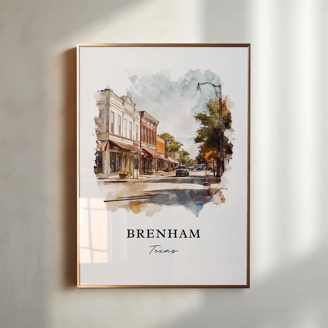 Brenham Texas Downtown Street Watercolor Small Town Main Street Poster