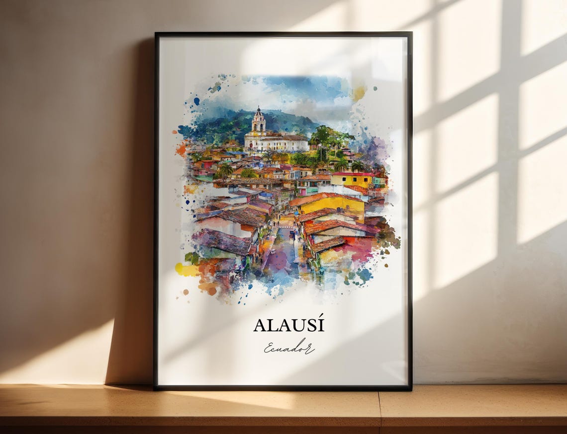 Alausi Ecuador Colonial Hillside Town Watercolor Travel Poster
