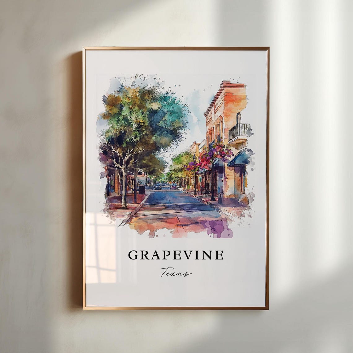Grapevine Texas Watercolor Main Street Brick Buildings Tree Print