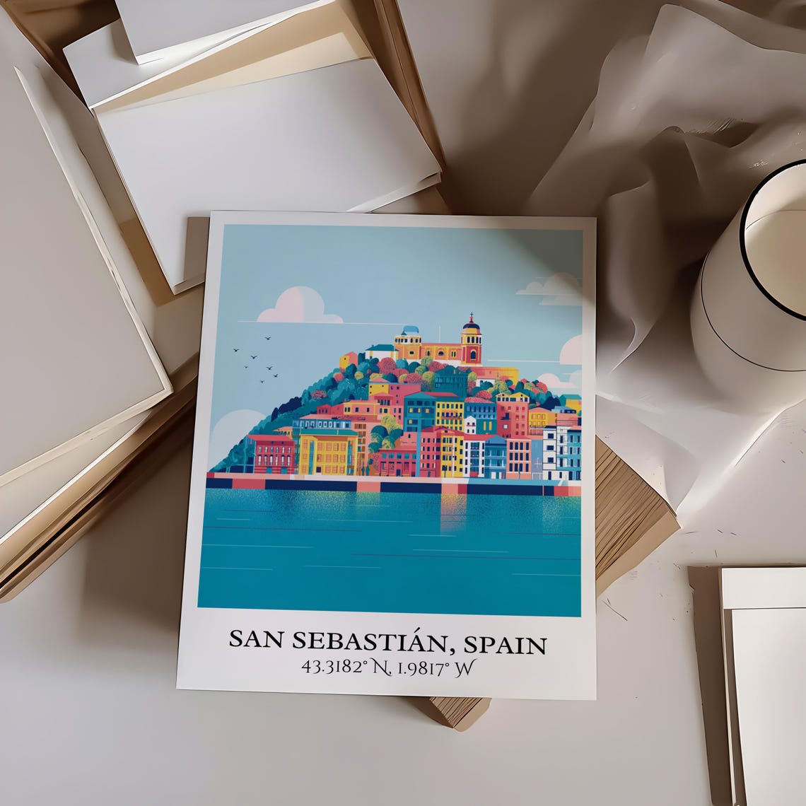 San Sebastian Spain Bay Hilltop Castle Waterfront Travel Poster - Image 3