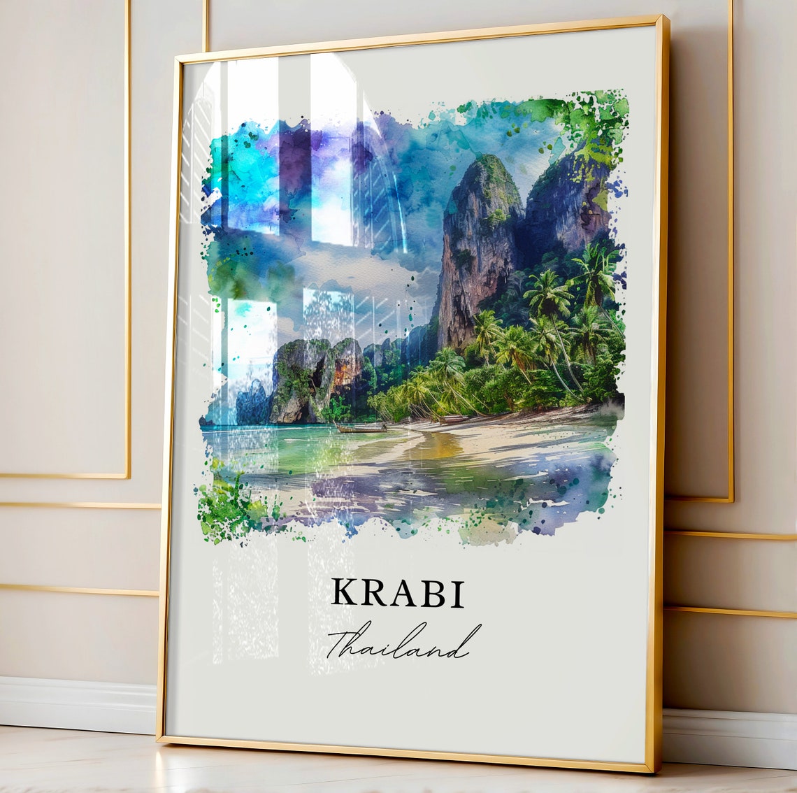 Krabi Thailand Watercolor Limestone Cliffs Beach Boat Scene Poster - Image 4