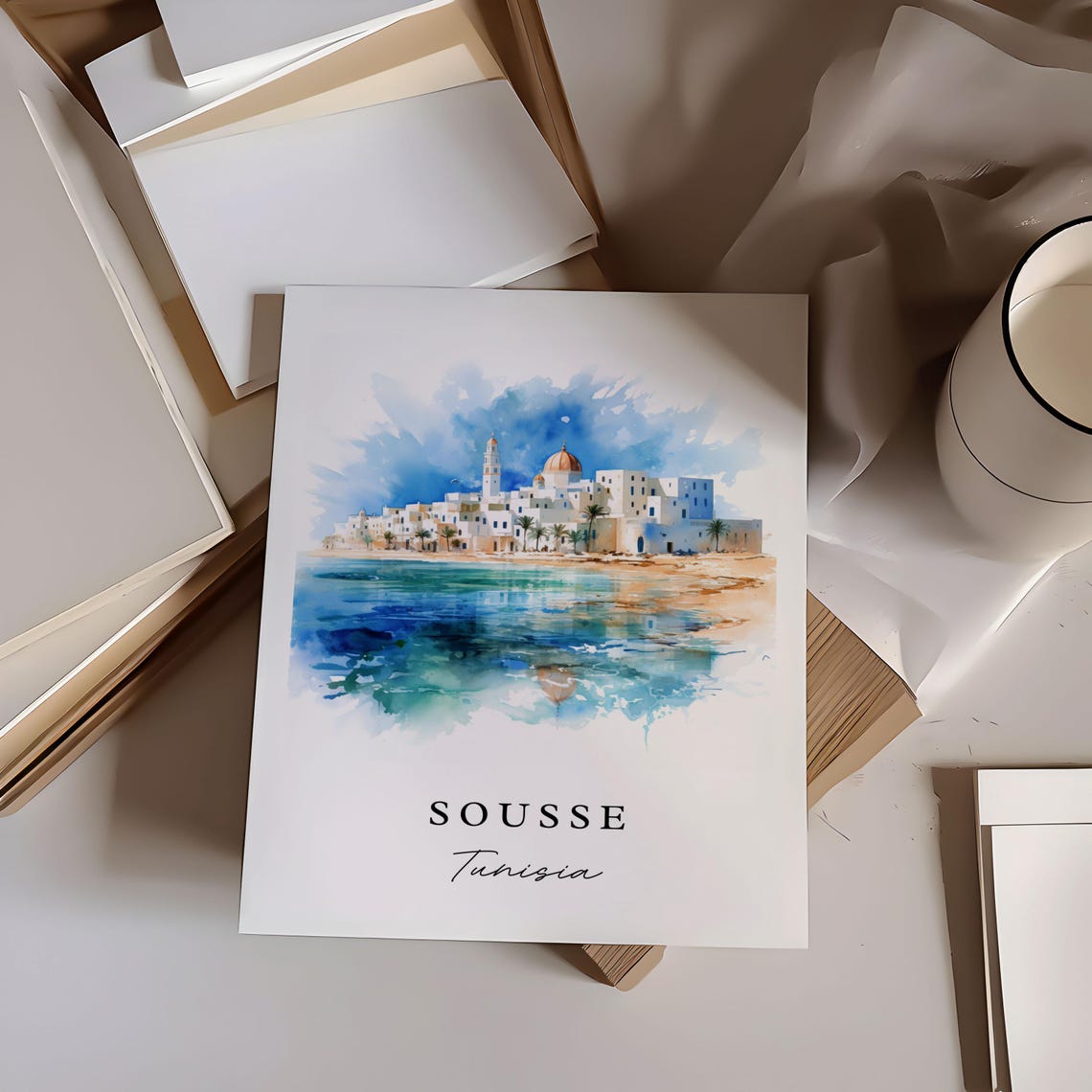 Sousse Tunisia Watercolor White Medina Coastal Town Travel Poster - Image 6