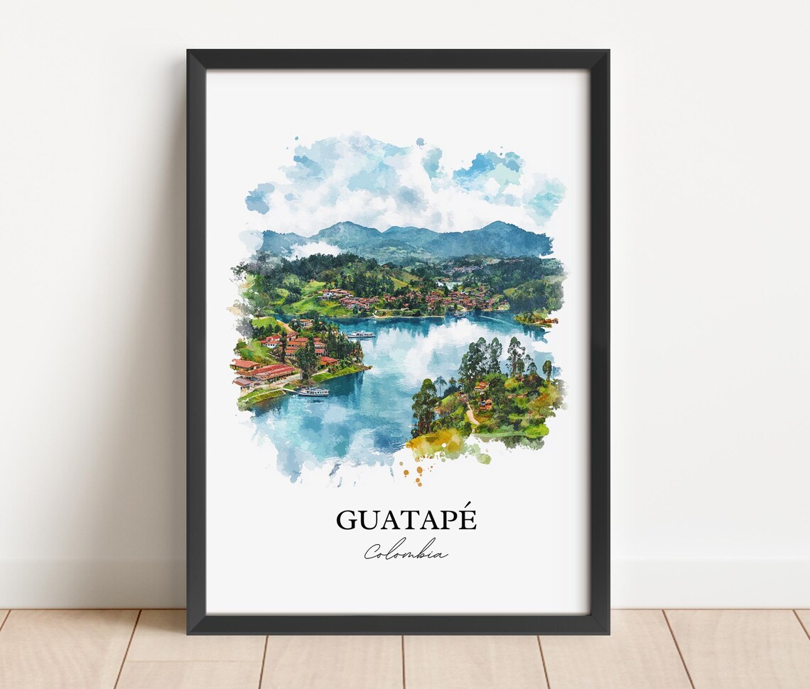 Guatape Colombia Blue Lake Mountain Town Watercolor Travel Poster - Image 3