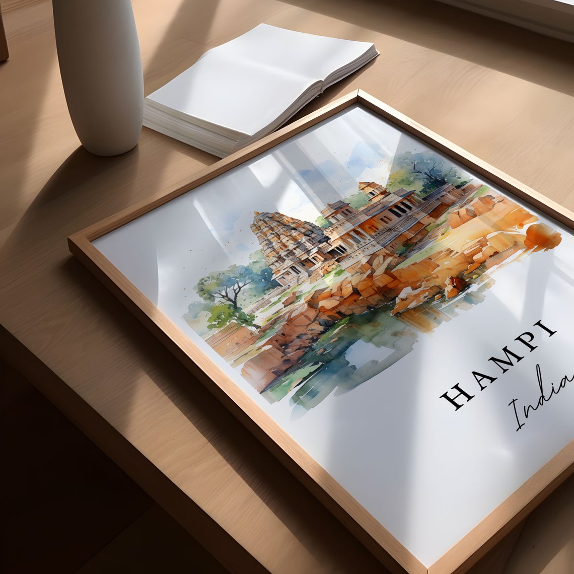 Hampi India Watercolor Ancient Stone Temple River Travel Poster - Image 6
