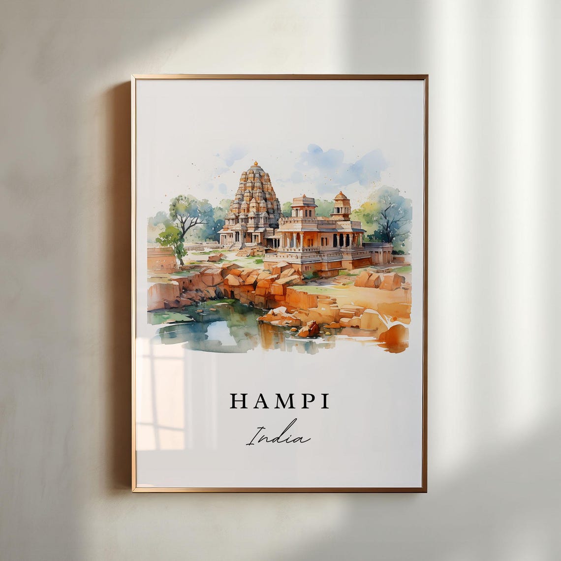 Hampi India Watercolor Ancient Stone Temple River Travel Poster