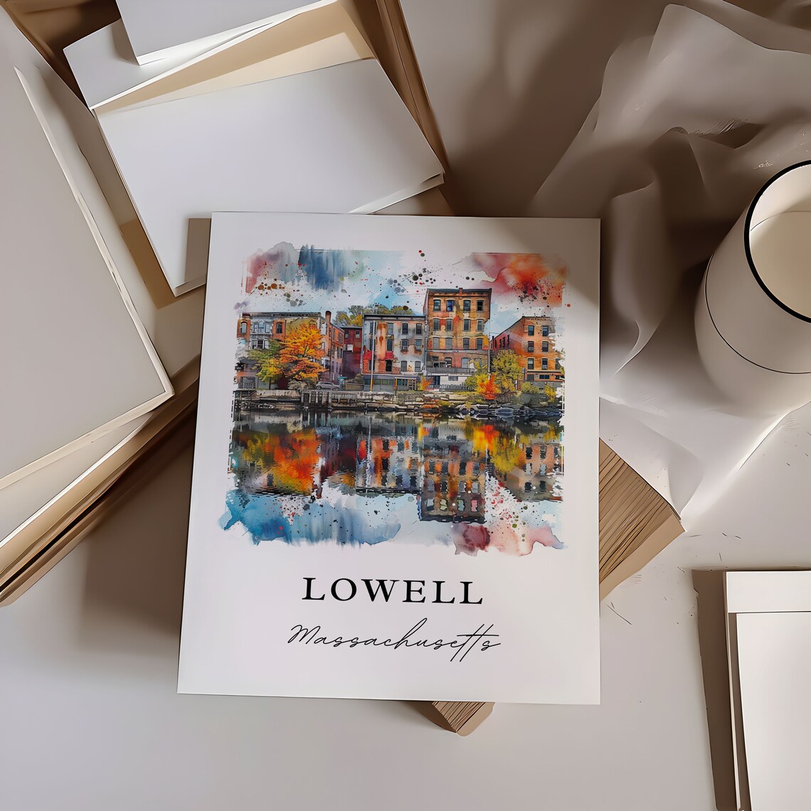 Lowell Massachusetts Historic Mill City Watercolor River Scene Poster - Image 6