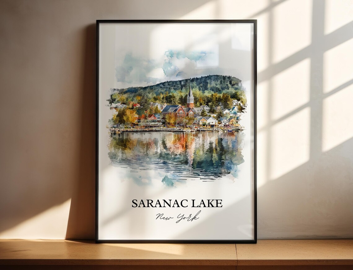 Saranac Lake New York Lakeside Village Watercolor Travel Gift Poster