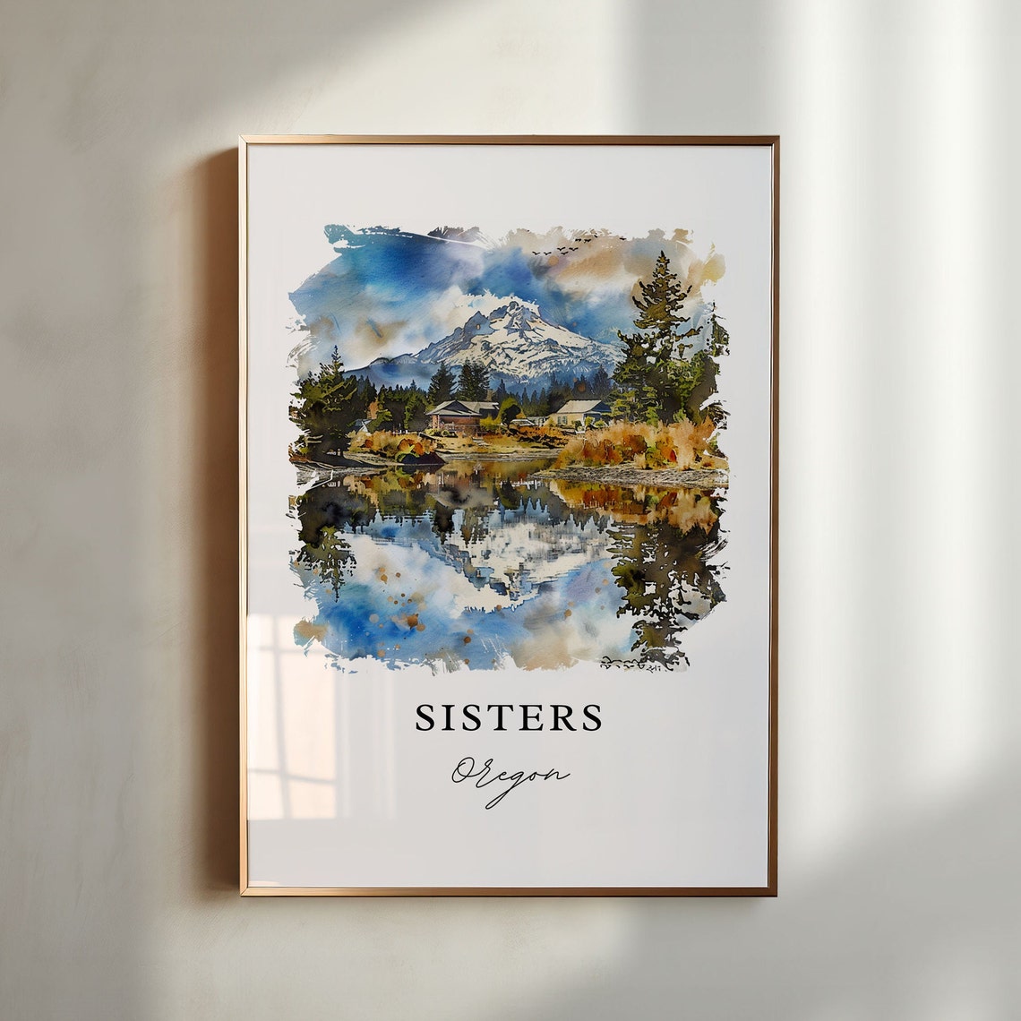 Sisters Oregon Snow Peak Lake Reflection Watercolor Art Print
