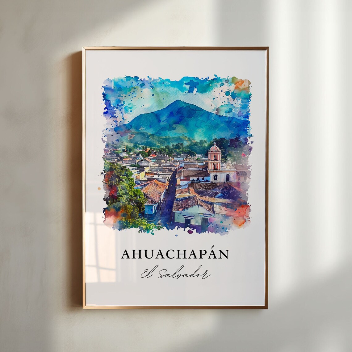 Ahuachapan El Salvador Colonial Town Volcano Watercolor Poster