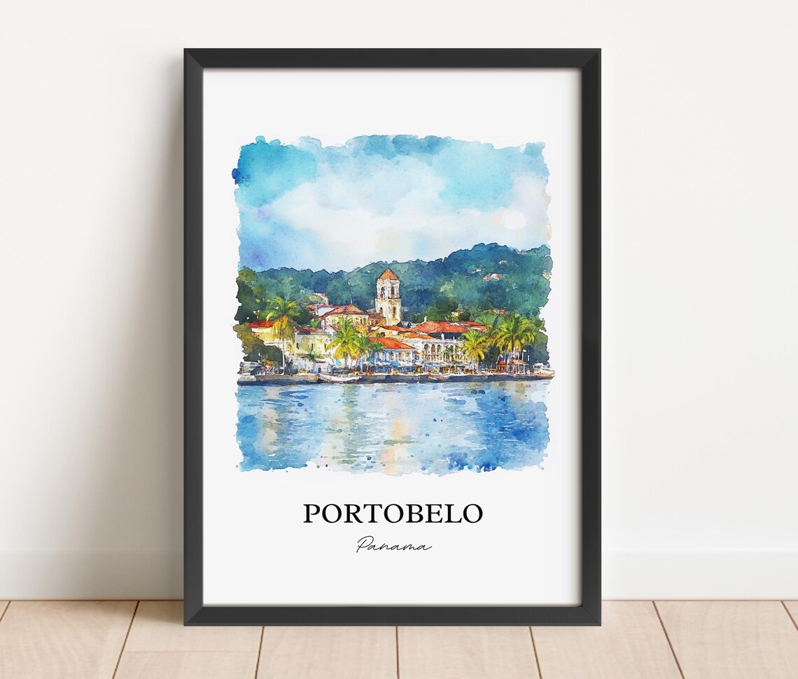 Portobelo Panama Watercolor Waterfront Church Town Travel Poster - Image 3