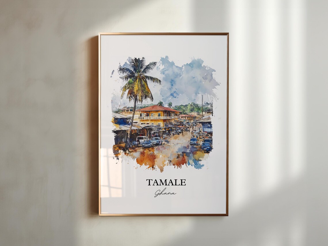 Tamale Ghana African Watercolor Busy Street Palm Scene Poster - Image 6