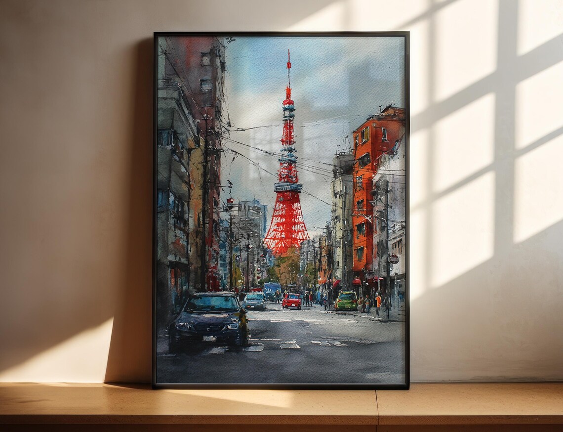 Tokyo Tower Watercolor Street Scene Japan City Travel Poster