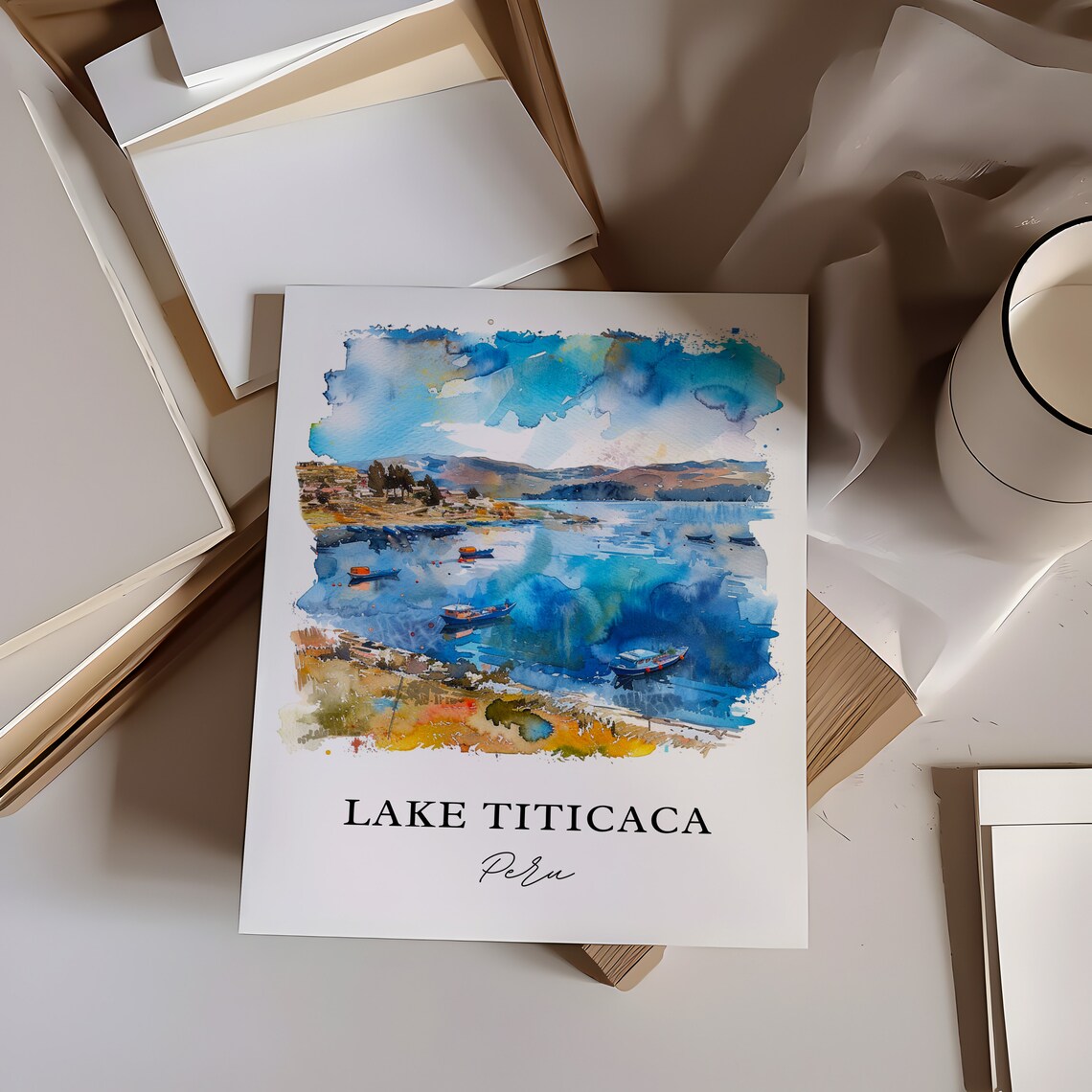 Lake Titicaca Peru Watercolor Fishing Boats Lake View Travel Poster - Image 6
