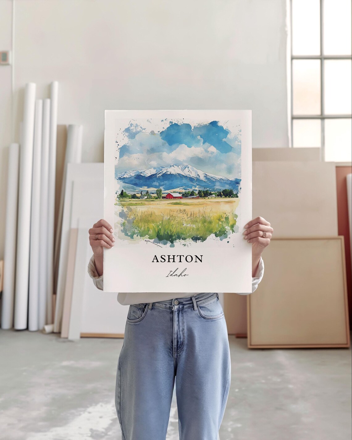 Ashton Idaho Classic Red Barn Snowy Mountain Farm Watercolor Poster - Image 4