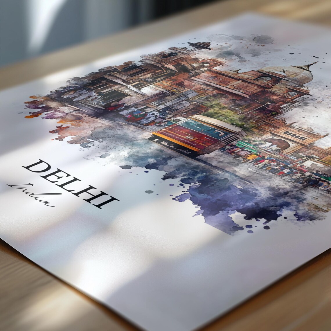 Delhi India Old City Mosque Busy Street Watercolor Travel Poster - Image 6