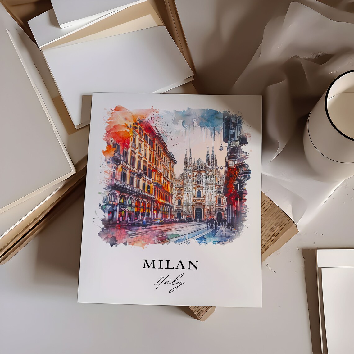 Milan Italy Duomo Cathedral Street Scene Watercolor Travel Poster - Image 6