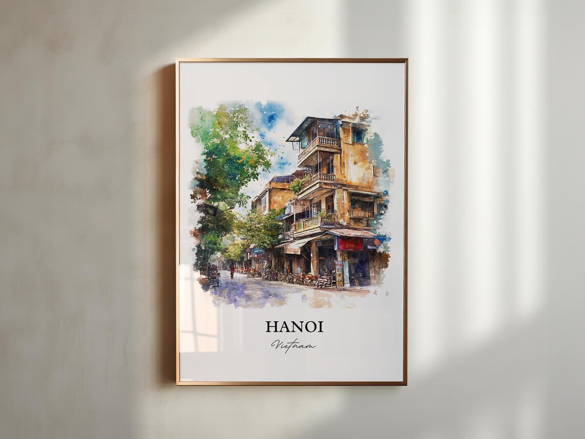 Hanoi Vietnam Old Quarter Street Scene Watercolor Travel Poster - Image 4