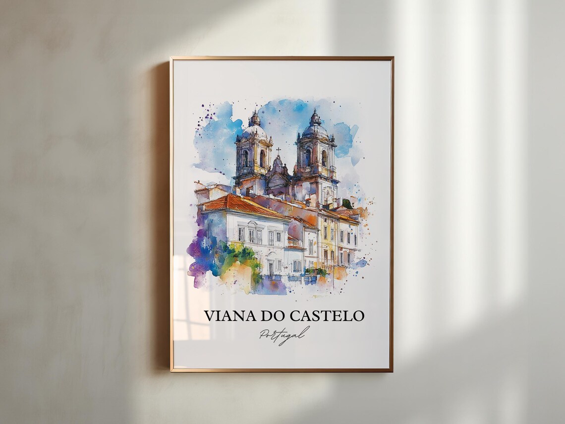Viana do Castelo Portugal Watercolor Church Twin Towers Art Poster - Image 5