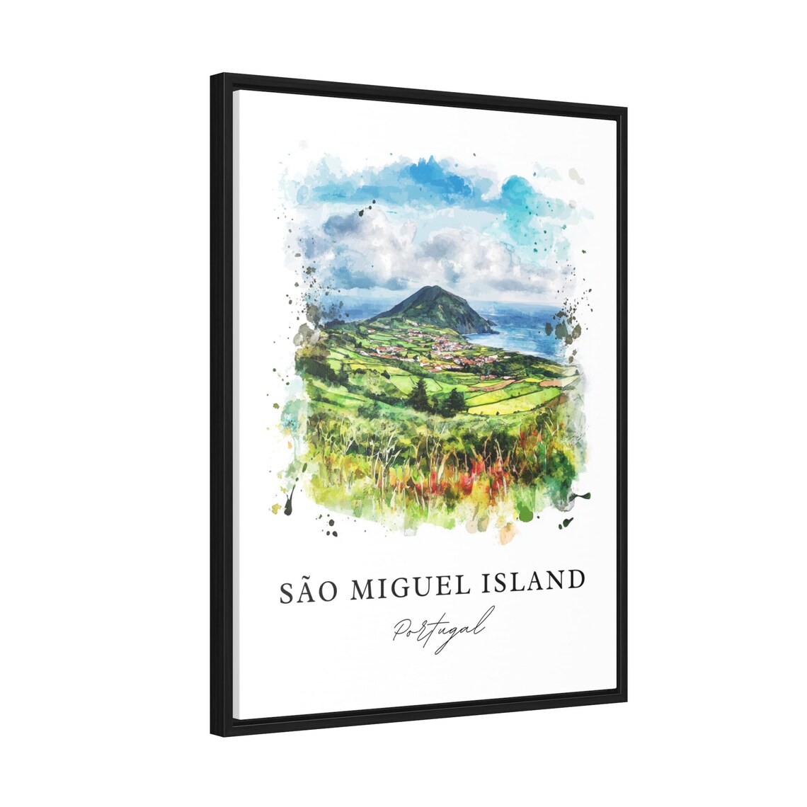 Sao Miguel Island Portugal Watercolor Green Hills Coast Poster - Image 2