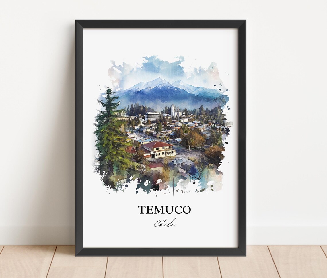 Temuco Chile Watercolor City Snowy Mountain Peaks Scenic Poster - Image 4