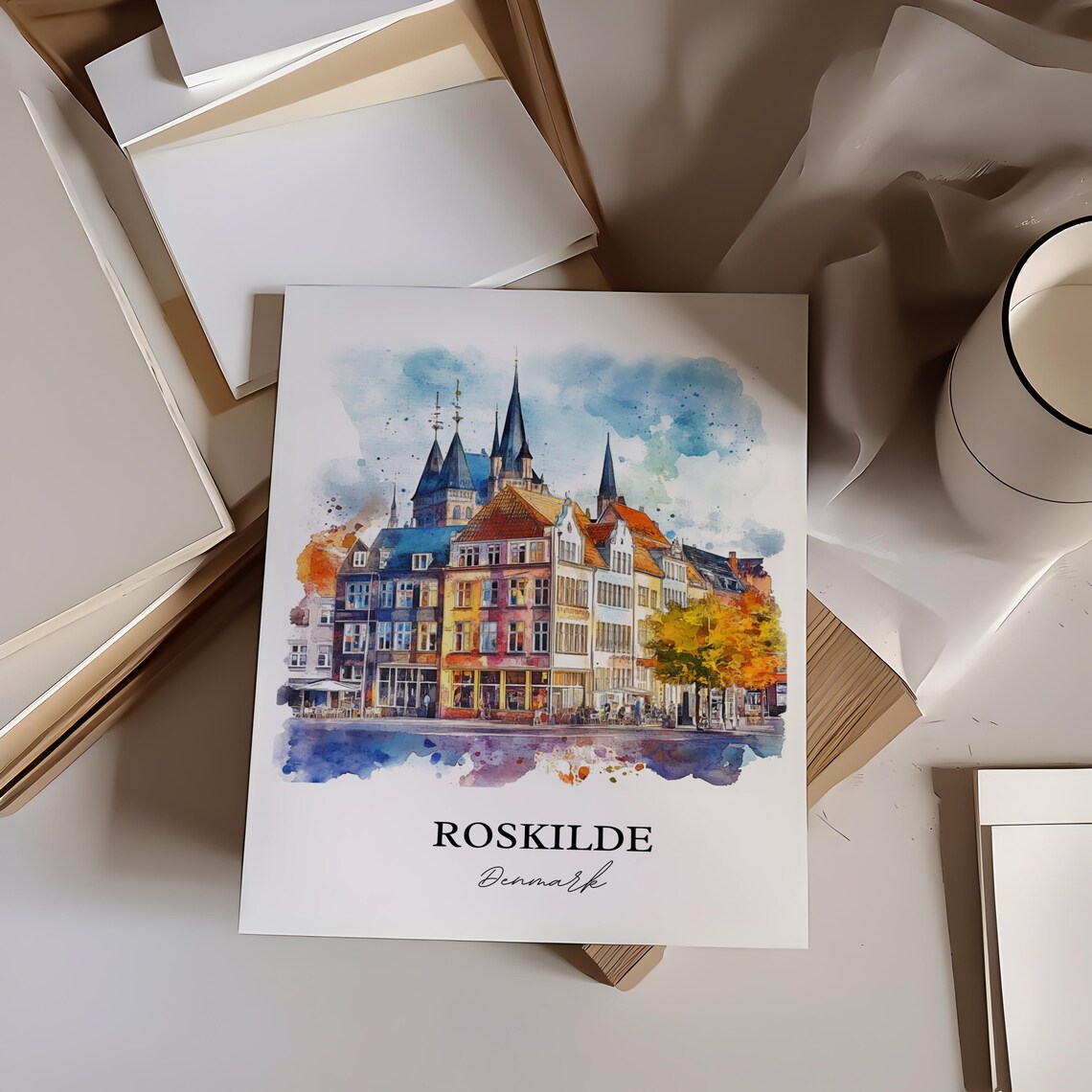 Roskilde Denmark Colorful Old Town and Spires Watercolor Poster - Image 3