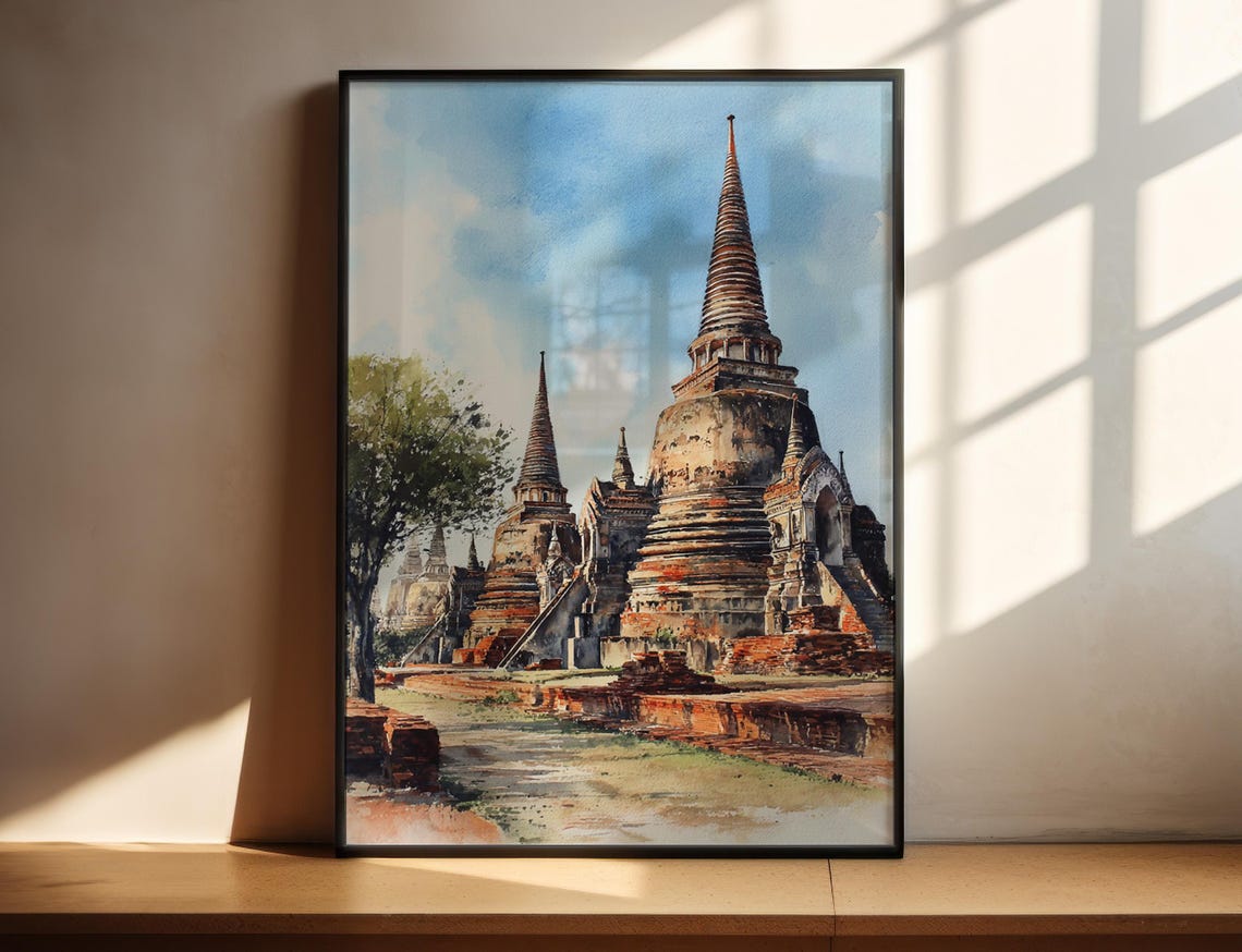 Ayutthaya Thailand Historic Temple Watercolor Travel Art Poster