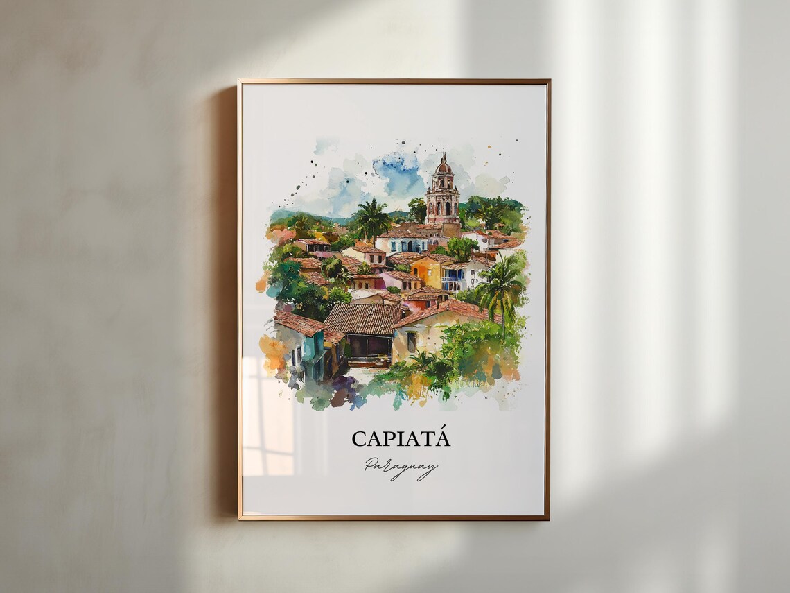 Capiata Paraguay Watercolor Hillside Town Church Scene Poster - Image 4
