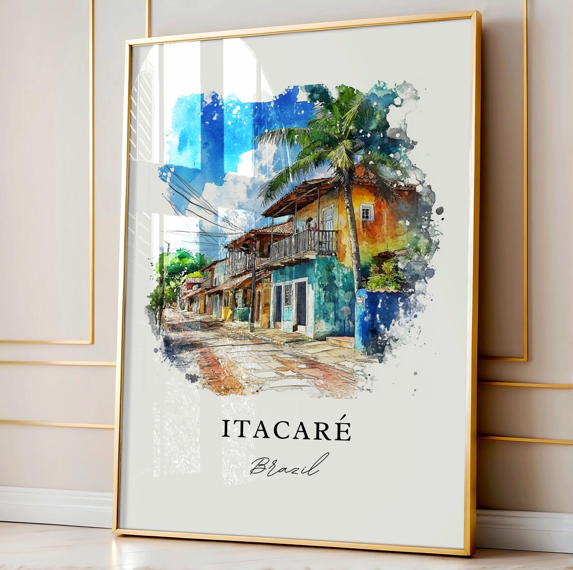 Itacare Brazil Watercolor Colorful Colonial Street Palm Poster - Image 3
