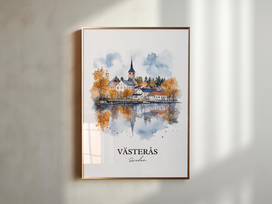 Vasteras Sweden Autumn Lakeside Town Watercolor Travel Poster - Image 3